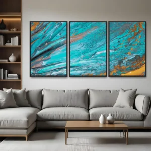 Quadro Abstrato Pintura Turquesa e Amarelo kit três telas