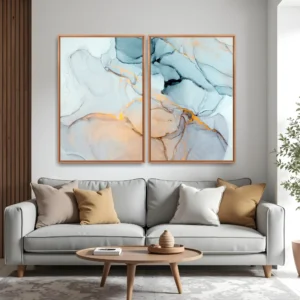 Quadro Abstrato Tinta Álcool Azul Dourado kit duas telas