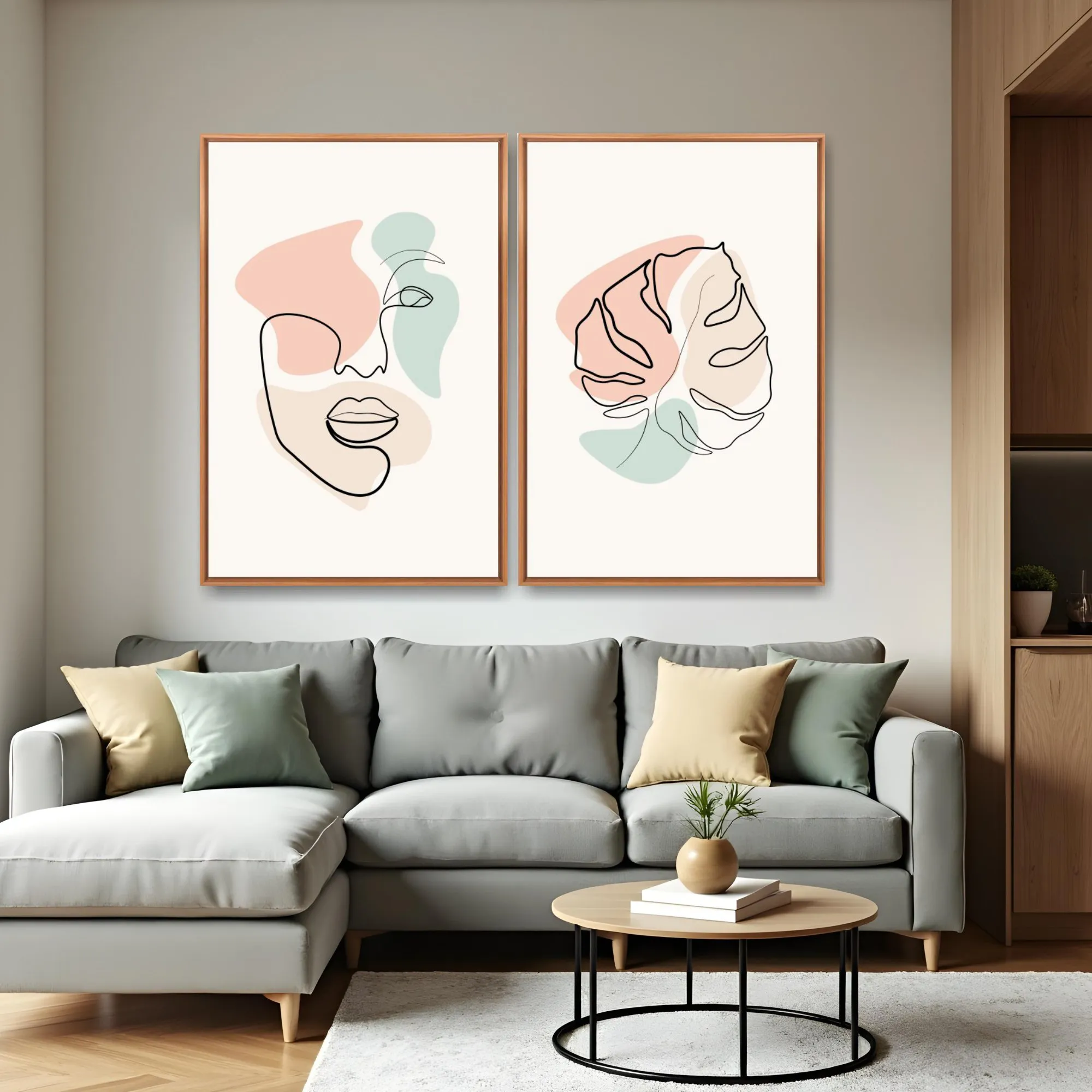 Quadro Arte Linear Minimalista Pastel kit duas telas