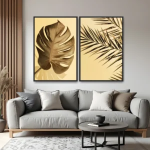 Quadro Folhas em Tons Dourados kit duas telas