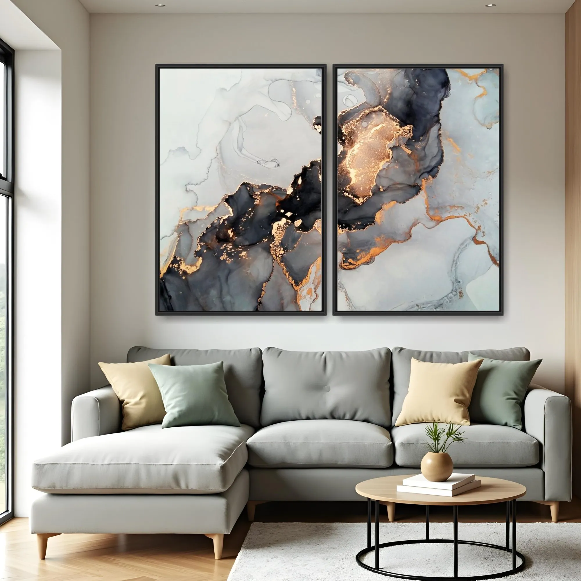 Quadro Marmorizado Preto e Dourado kit duas telas