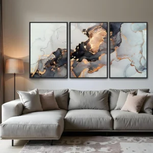 Quadro Marmorizado Preto e Dourado kit três telas