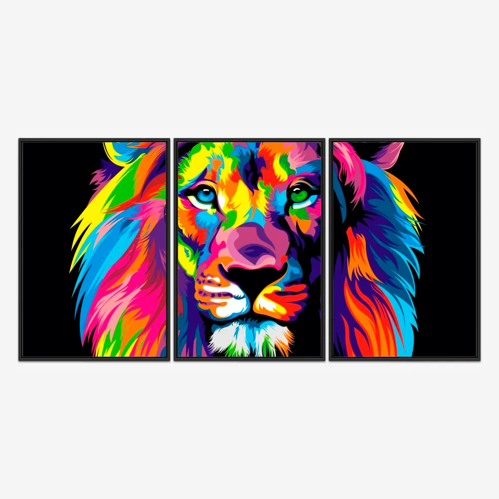 Quadro Leão Ilustrado Cores kit três telas - Imagem 3