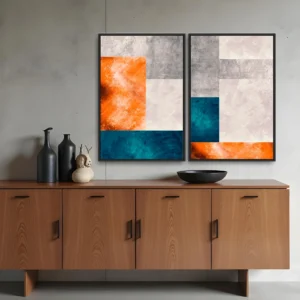 Quadro Abstrato Textura Azul e Laranja kit duas telas