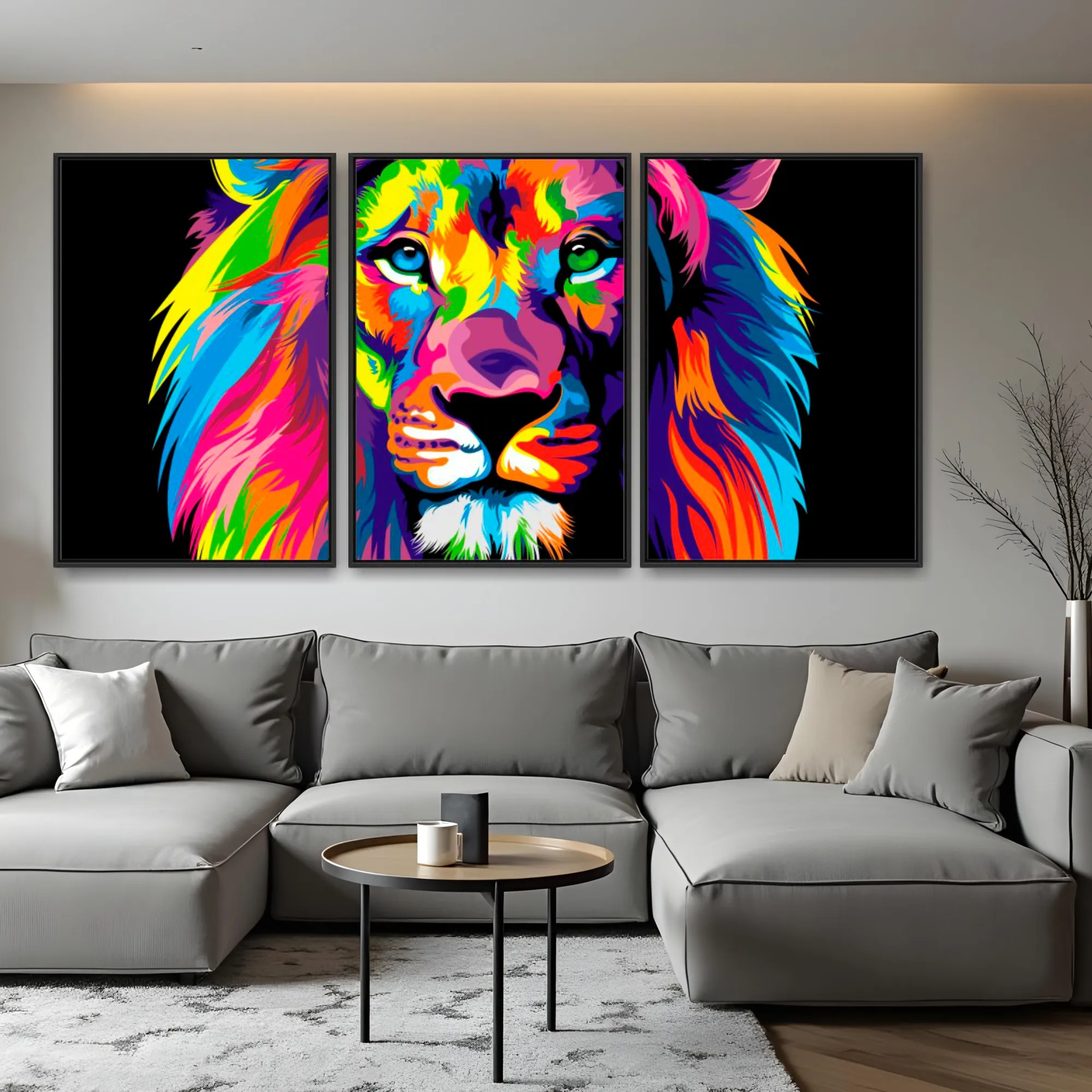 Quadro Leão Ilustrado Cores kit três telas