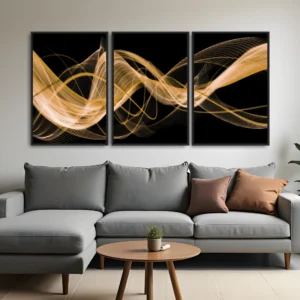Quadro Linhas Digitais Ouro e Preto kit três telas