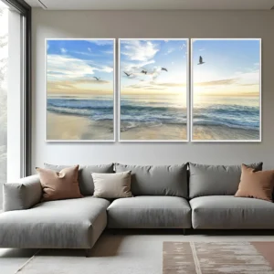 Quadro Praia Pôr do Sol com Pássaros kit três telas
